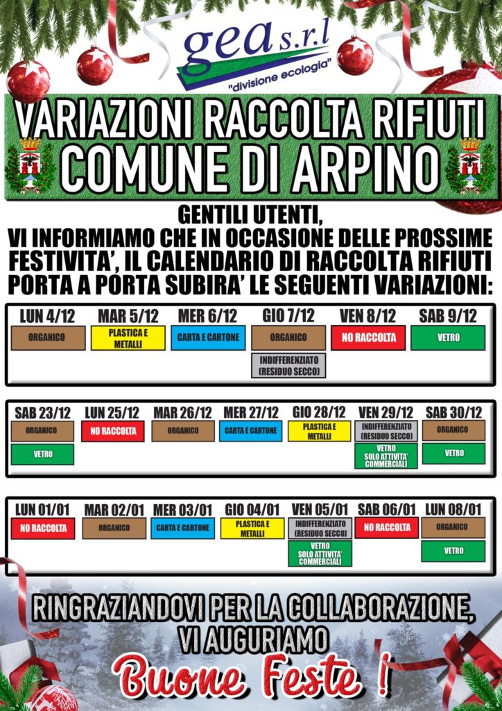 VARIAZIONE CALENDARIO RACCOLTA RIFIUTI.